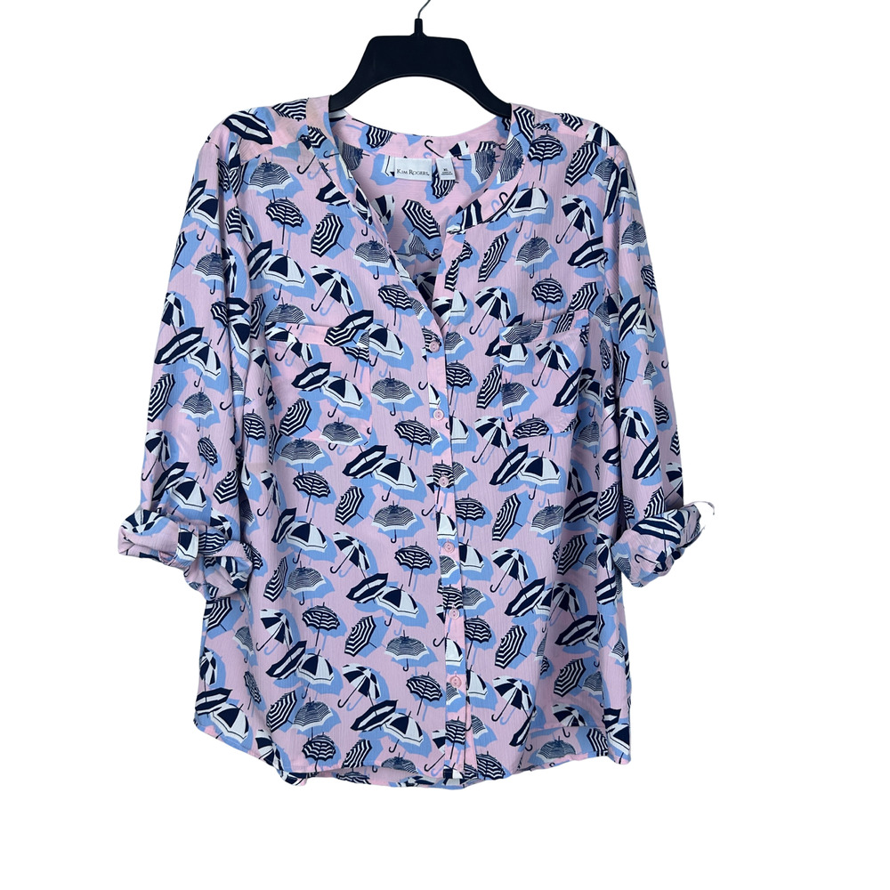 Kim Rogers‎ Umbrella V Neck Button Up Long Rolled Sleeve Blouse Size XLarge
